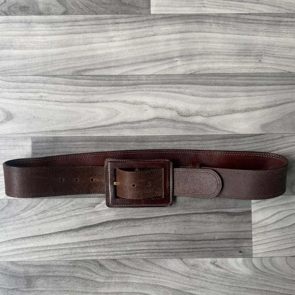Vintage Y2K Wide Brown Leather Belt with Chunky Buckle